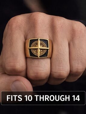 paparazzi Gold-Tone Compass Signet Ring - Black